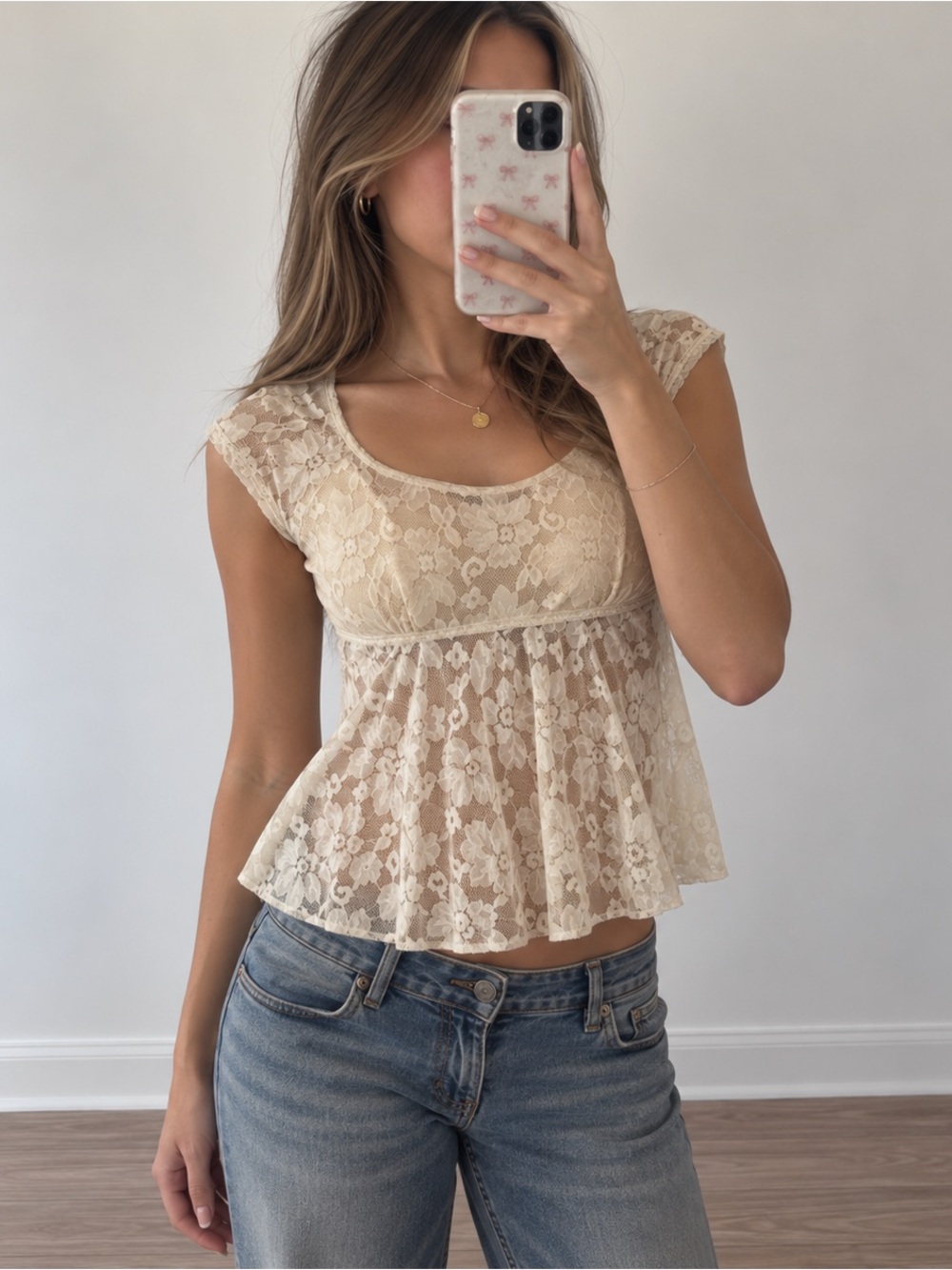 Vintage Y2K Cream Lace Babydoll Top Women L Empire Waist Cottagecore Coquette